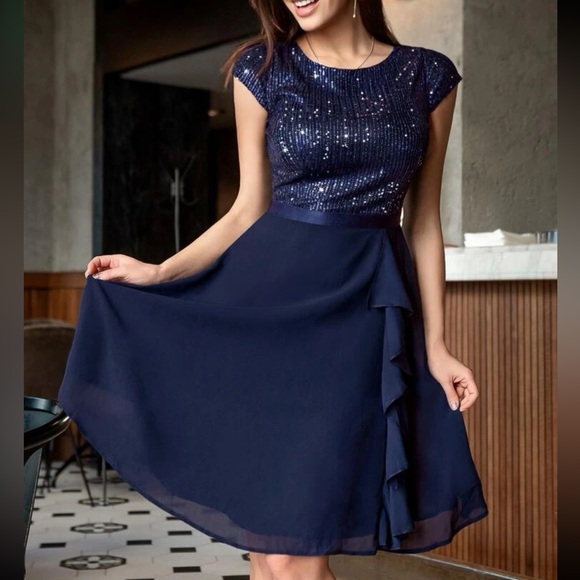 Luxe navy blue ruffle chiffon sequins party formal evening dress - Picture 1 of 6